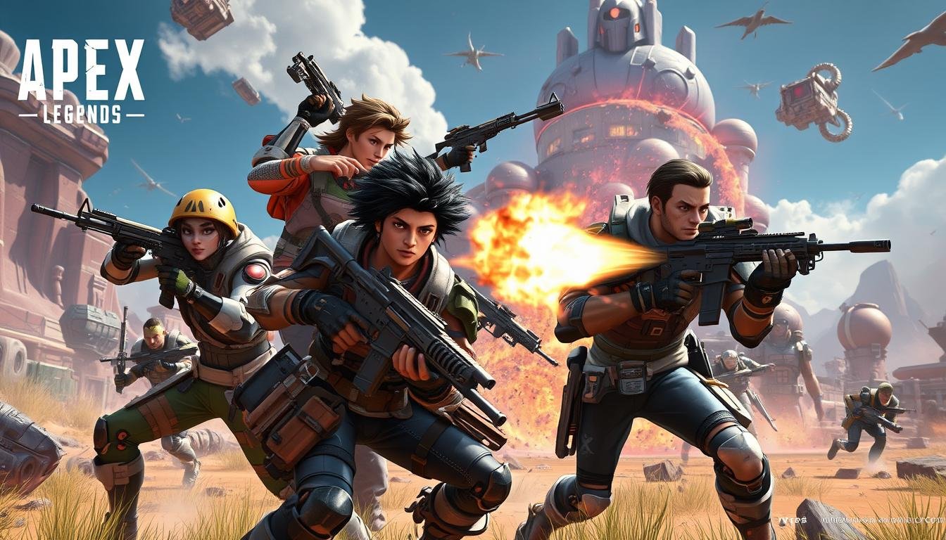 A dynamic battlefield scene depicting diverse Apex Legends characters collaborating as a cohesive team. Show characters strategically positioned, displaying teamwork through coordinated movements and tactical gestures. Capture the intensity of a firefight in a vibrant, futuristic environment with high-tech weaponry and diverse terrain elements. Emphasize expressions of determination and camaraderie among the characters, illustrating their distinct abilities in action without any text or narrative elements.